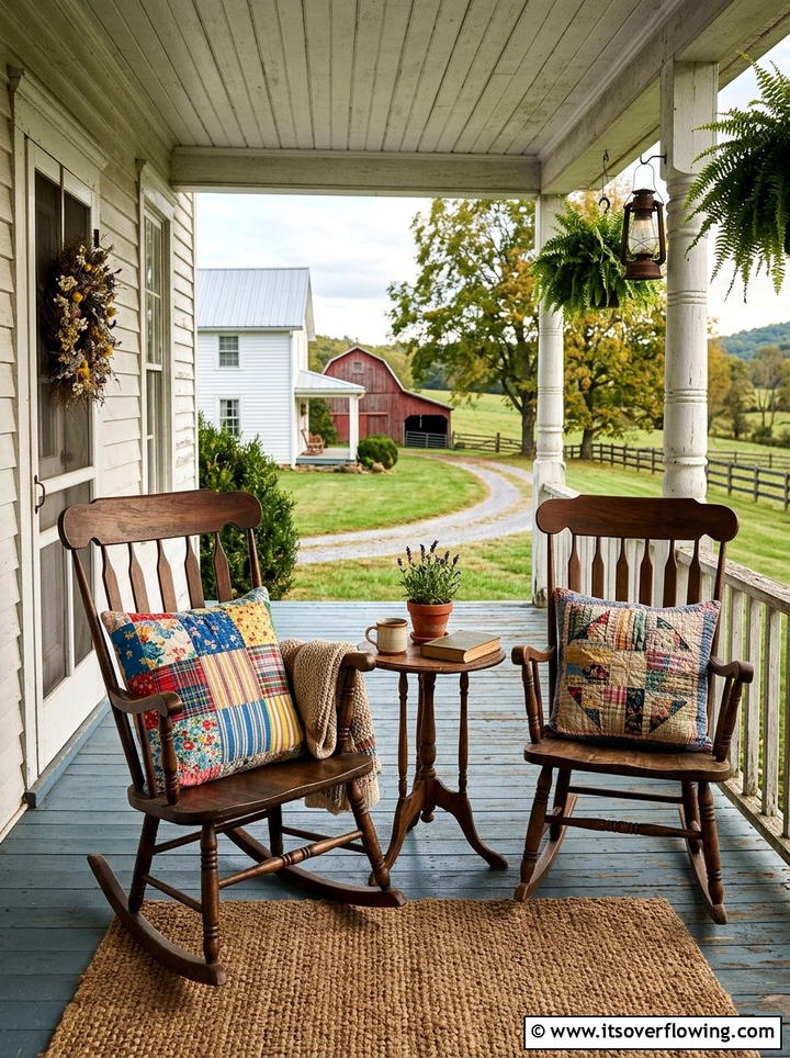 Vintage porch rocker with patchwork pillows - 25 front porch decor ideas with pillows