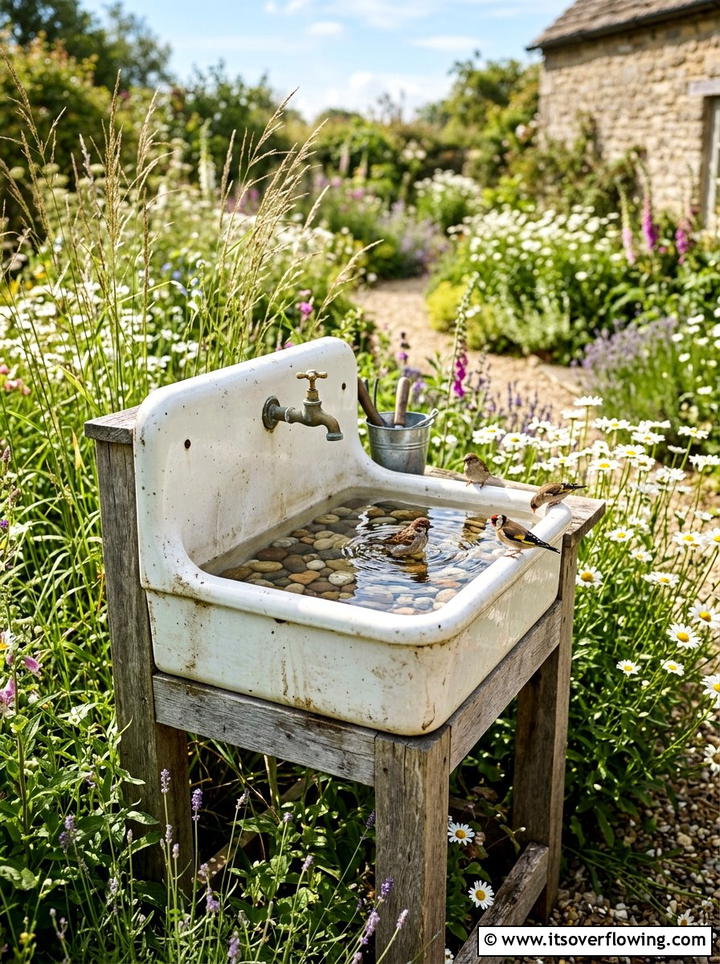 Vintage sink bird bath - 25 upcycled garden ideas with bird baths