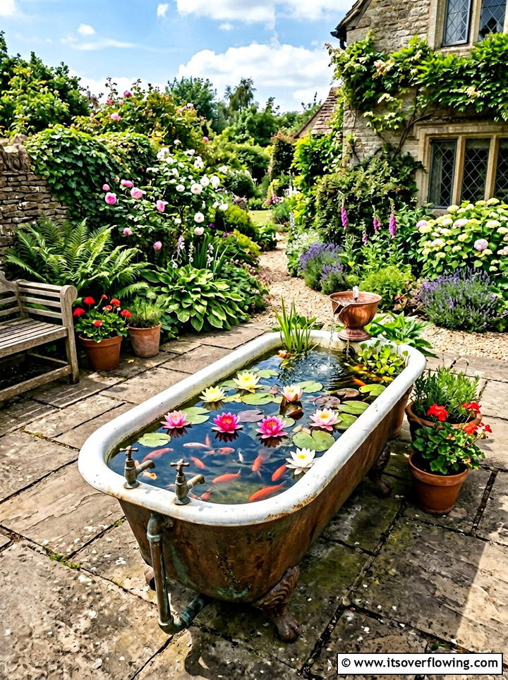 Vintage sink pond with fish - 25 upcycled garden ideas with old sinks