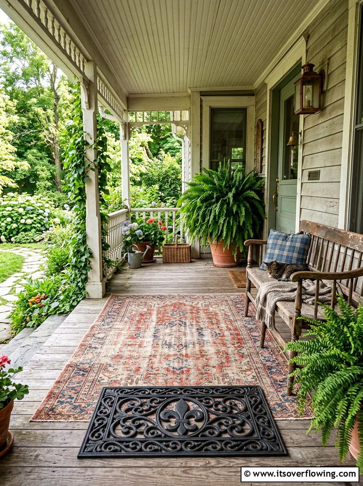 Vintage style rug with durable rubber mat - 25 front porch decor ideas with layered mats