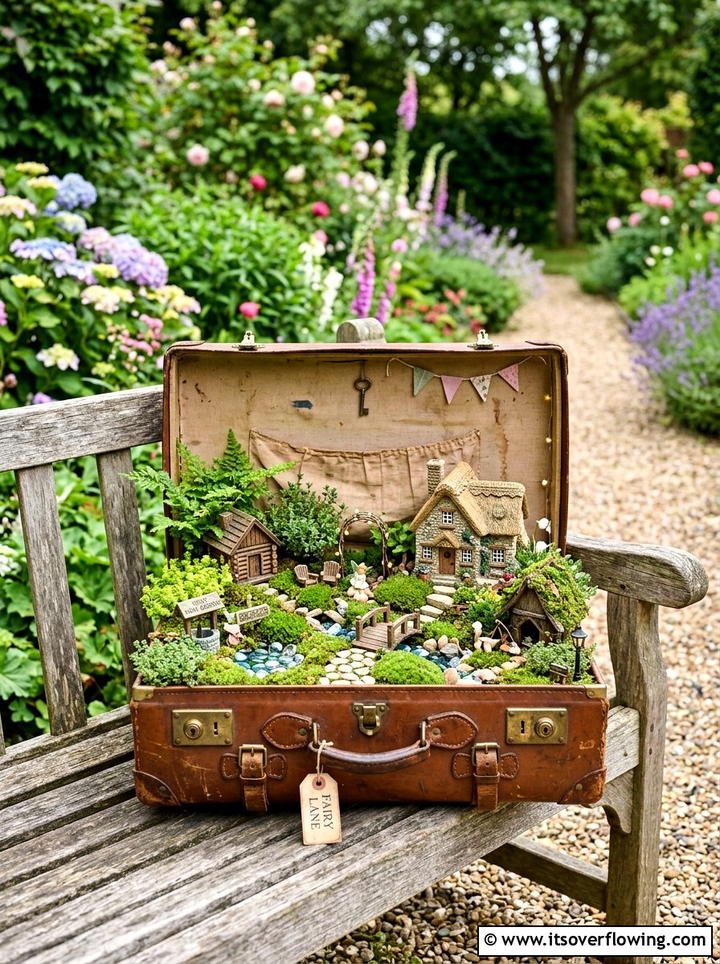 Vintage suitcase fairy garden - 25 reusing old things ideas for garden decor