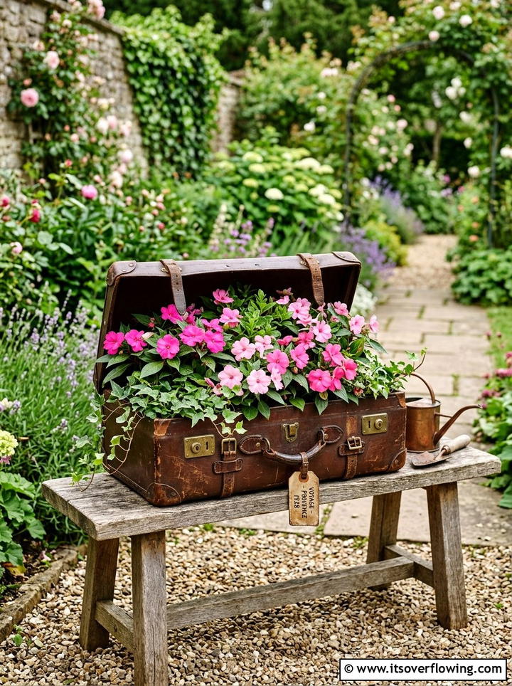 Vintage suitcase flower planter - 25 creative garden ideas with unusual planters
