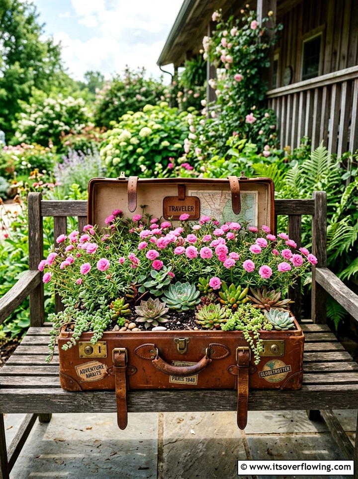 Vintage suitcase garden display - 25 garden decor ideas with antique finds