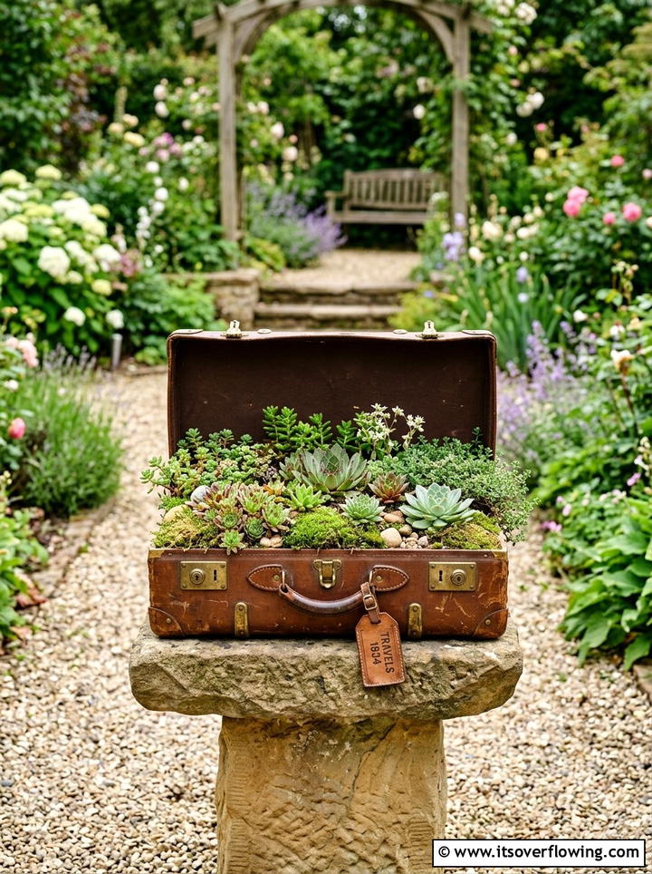 Vintage suitcase garden display - 25 reusing old things ideas for boho garden look