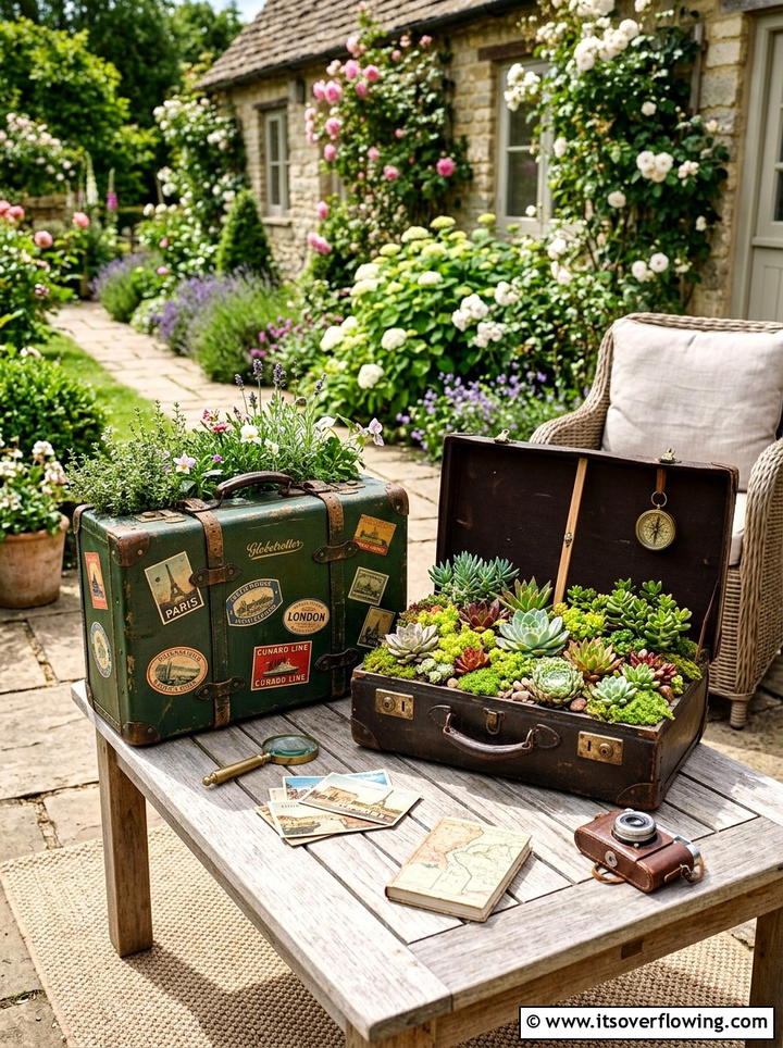 Vintage suitcase garden planter - 25 cheap garden ideas with repurposed containers