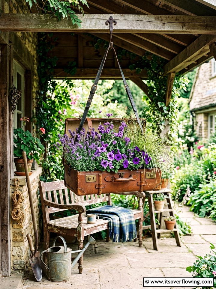 Vintage suitcase hanging planter - 25 upcycled garden ideas with hanging planters