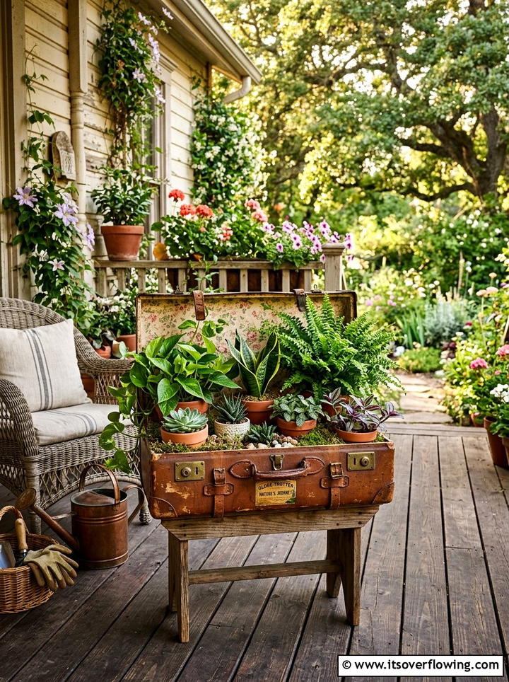 Vintage suitcase plant stand - 25 upcycled garden ideas with watering stations