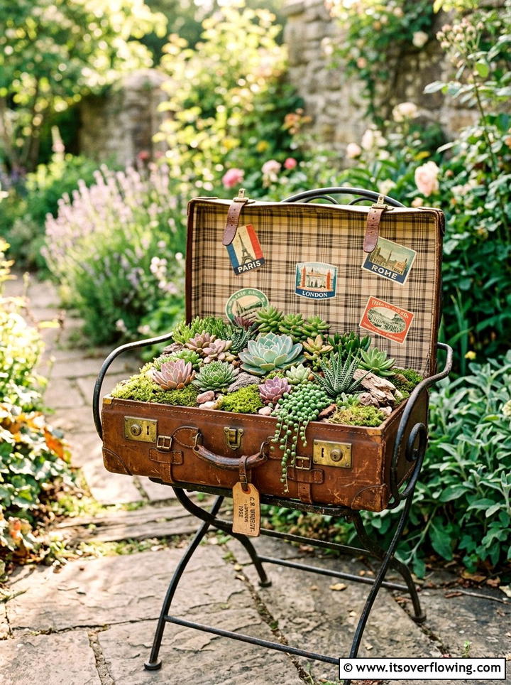 Vintage suitcase planter - 25 upcycled garden ideas for balconies