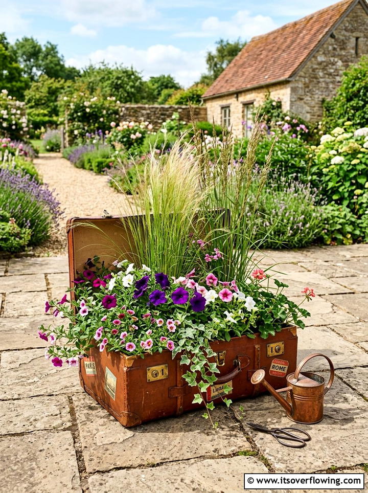 Vintage suitcase planter - 25 upcycled garden ideas with vertical gardens