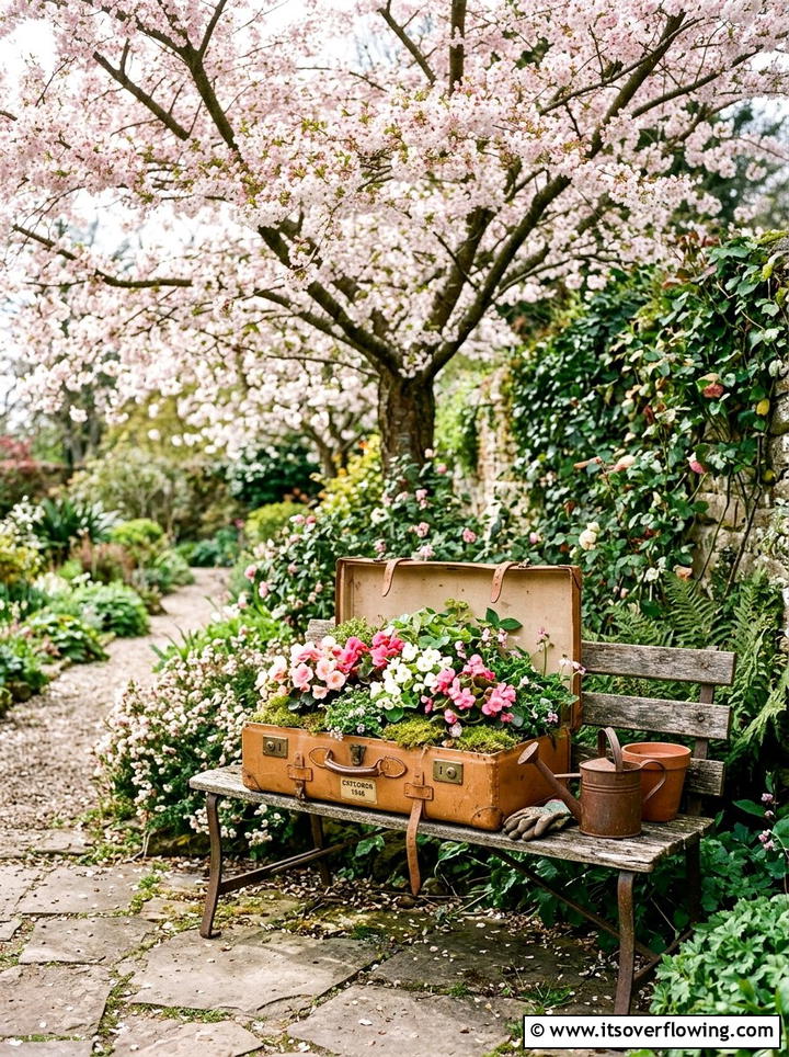 Vintage suitcase planter - 25 cheap garden ideas with thrifted decor