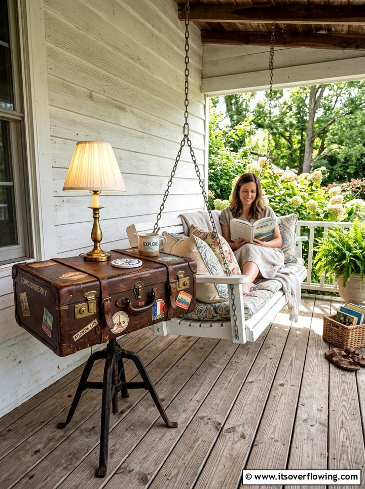 Vintage suitcase side table - 25 front porch ideas with repurposed furniture