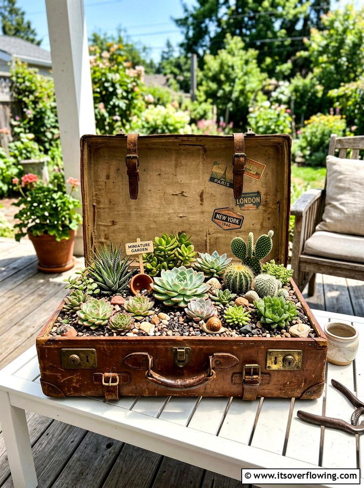 Vintage suitcase succulent display - 25 reusing old things ideas for modern garden look
