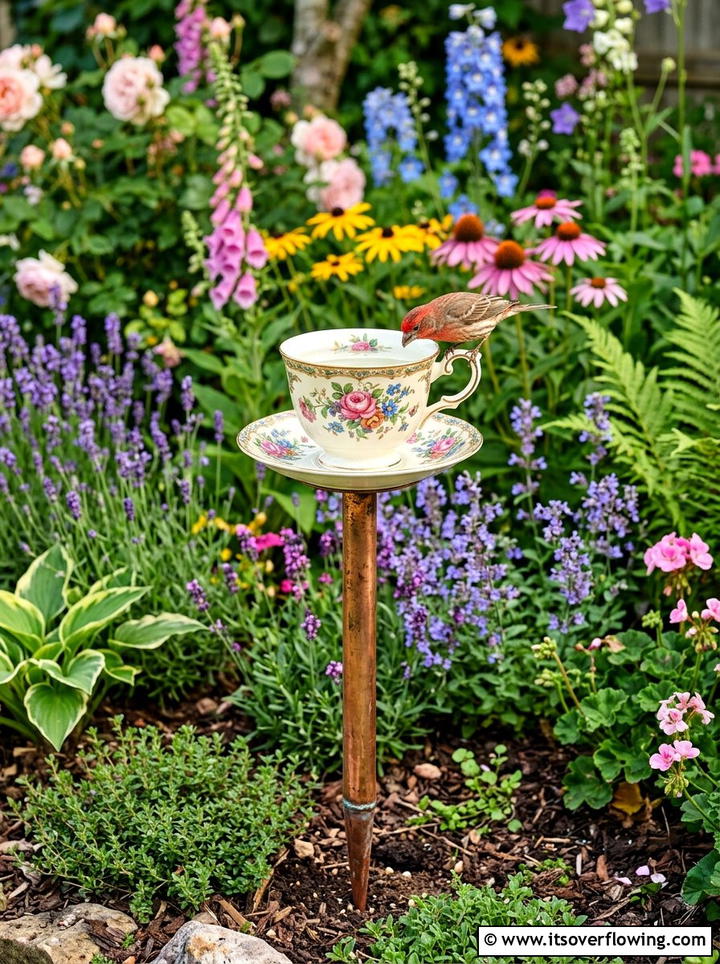 Vintage tea cup bird bath - 25 reusing old things ideas for bird baths