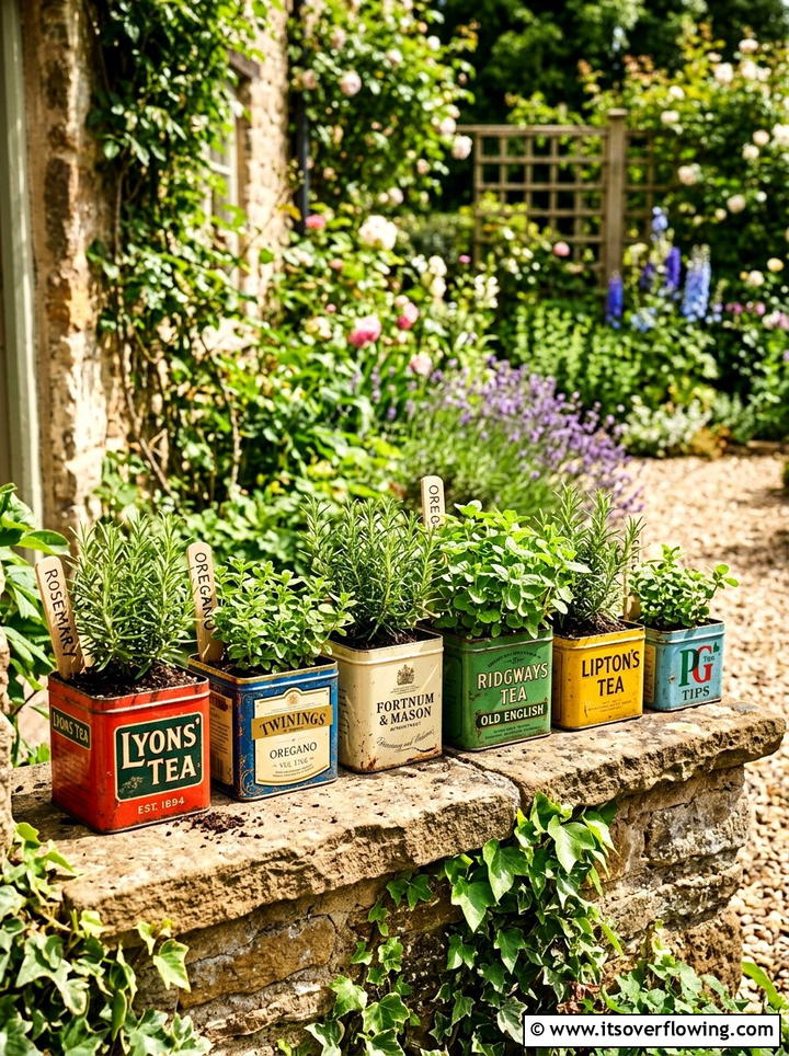 Vintage tea tin herb garden - 25 creative garden ideas with unusual planters