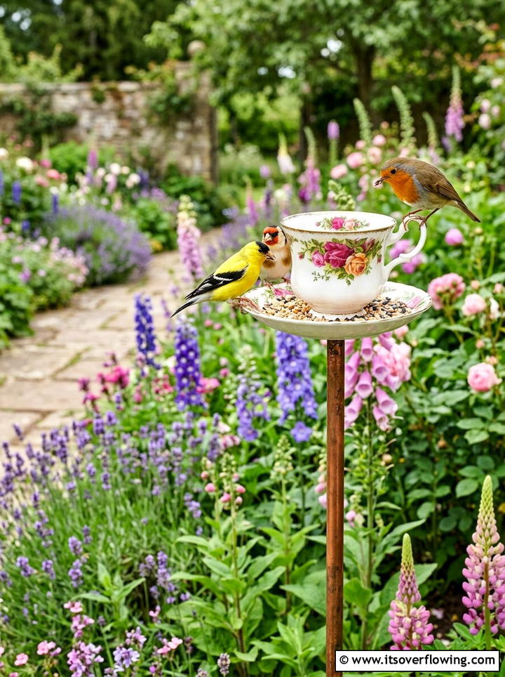 Vintage teacup bird feeder - 25 reusing old things ideas for garden art