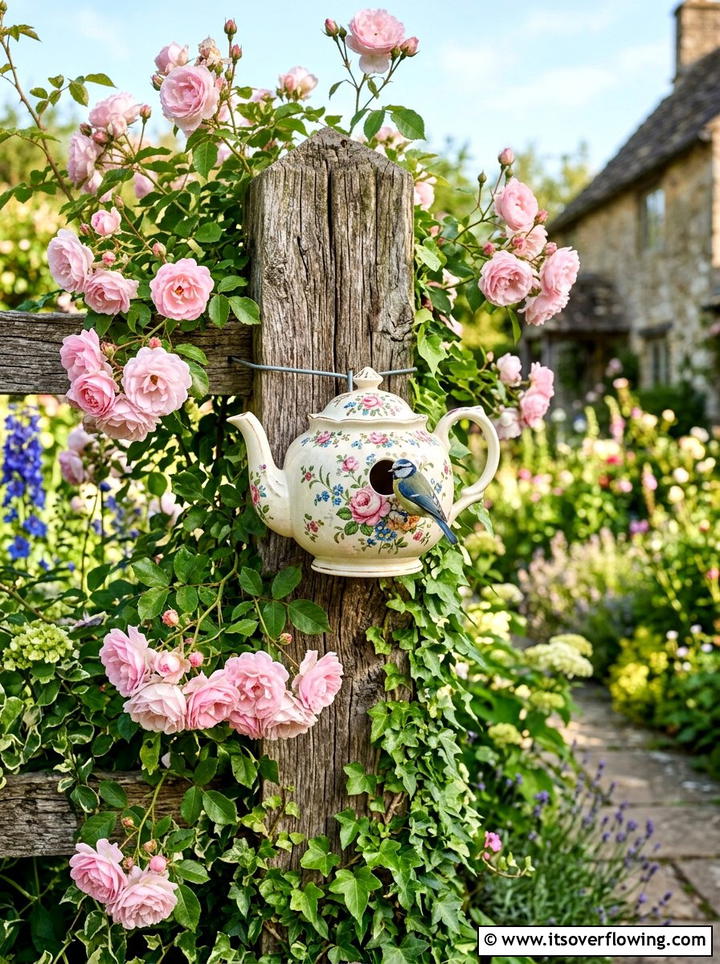 Vintage teapot birdhouse - 25 garden decor ideas with birdhouses