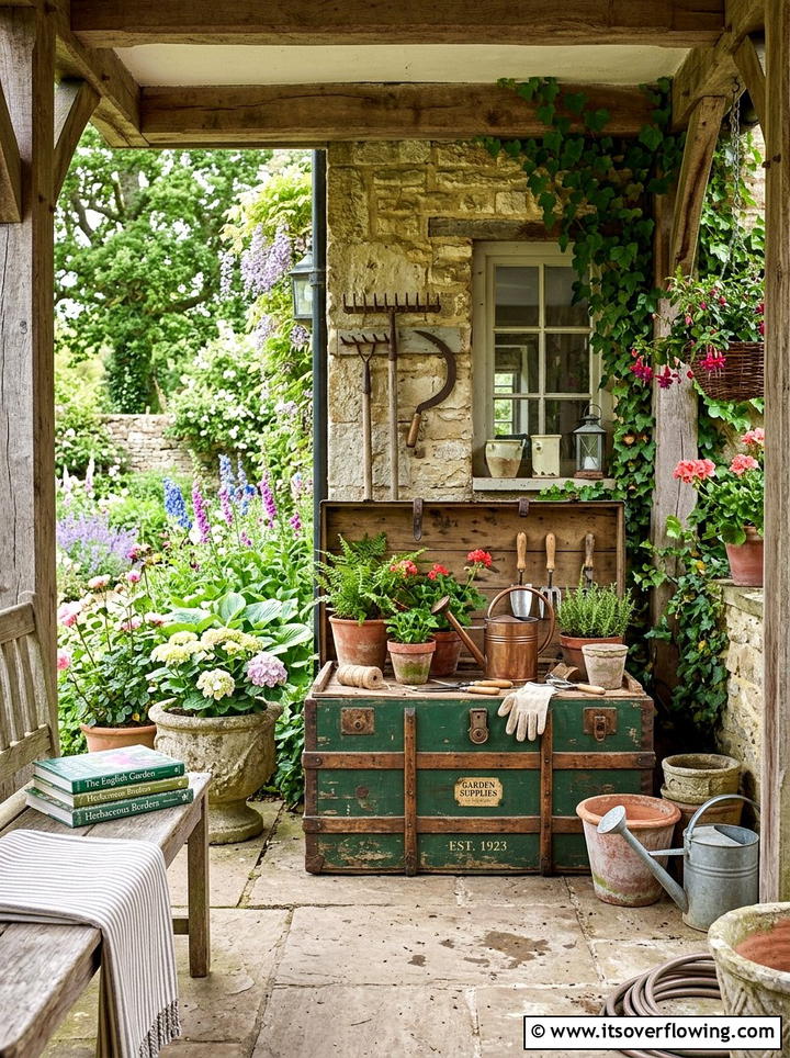 Vintage trunk garden station - 25 upcycled garden ideas with tool storage