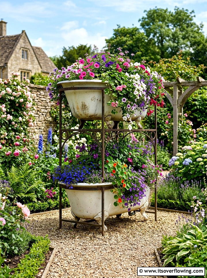 Vintage tub tiered garden - 25 upcycled garden ideas with old tubs