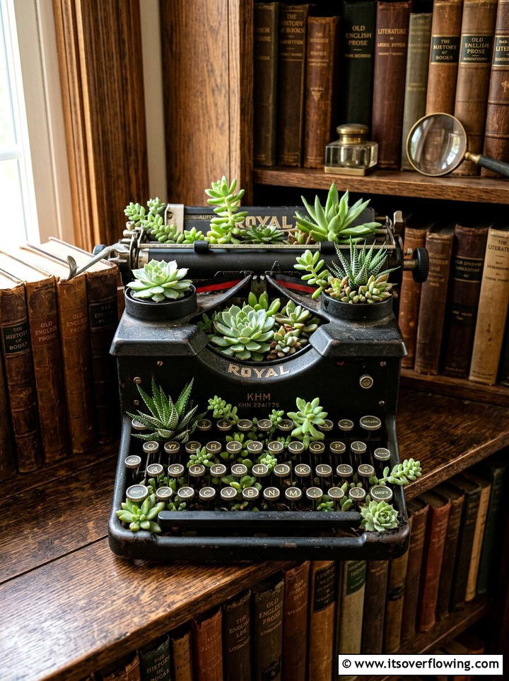Vintage typewriter succulent display - 25 reusing old things ideas for succulent garden