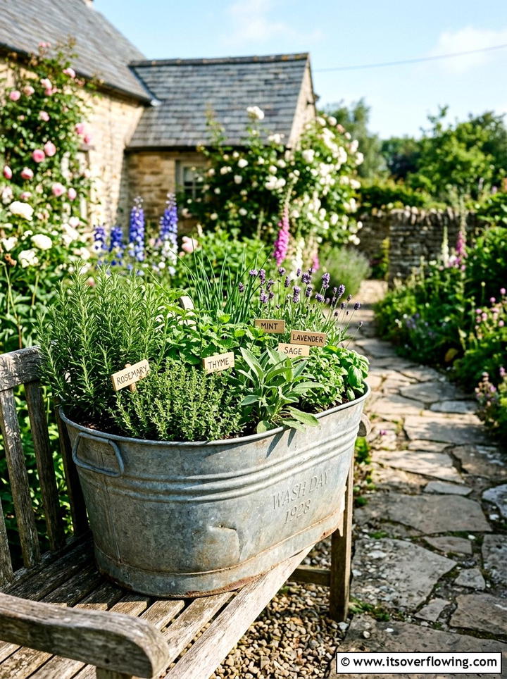 Vintage wash tub herb garden - 25 front porch ideas with herb planters