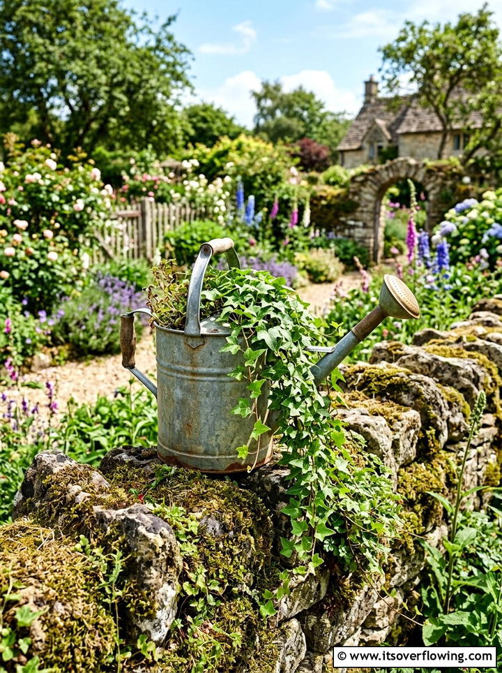 Vintage watering can display - 25 garden decor ideas with rustic accents