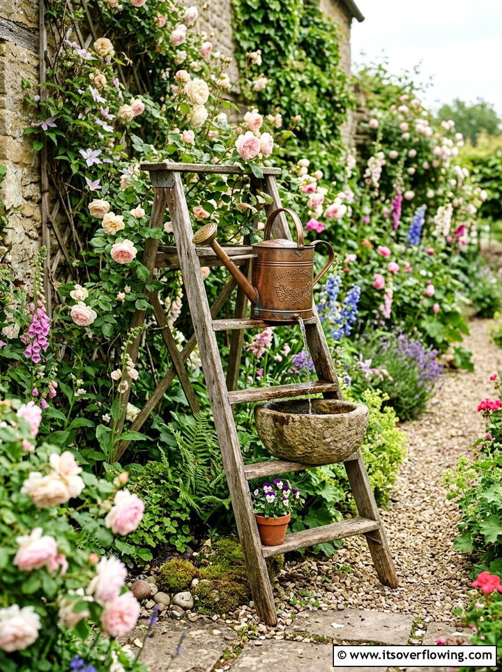 Vintage watering can fountain - 25 garden decor ideas with tabletop fountains