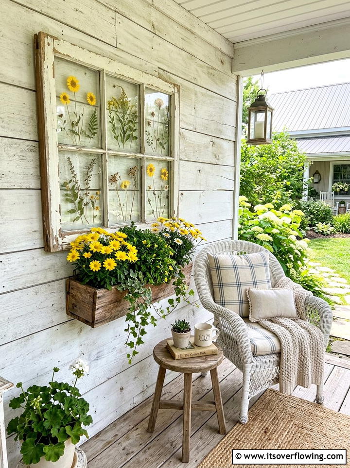 Vintage window frame wall art - 25 front porch ideas with repurposed furniture