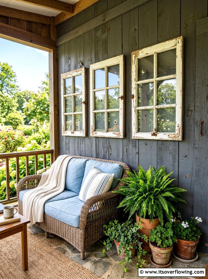 Vintage window frame wall decor - 25 front porch ideas with repurposed windows