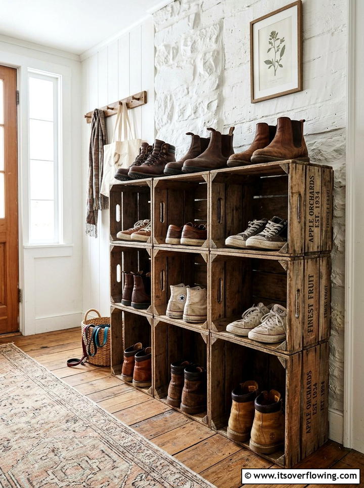 Vintage wooden crate shoe rack - 25 front porch ideas with shoe storage