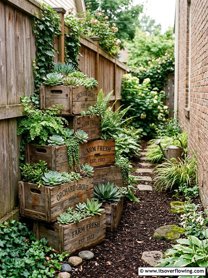 Vintage wooden crate stack - 25 upcycled garden ideas for narrow spaces