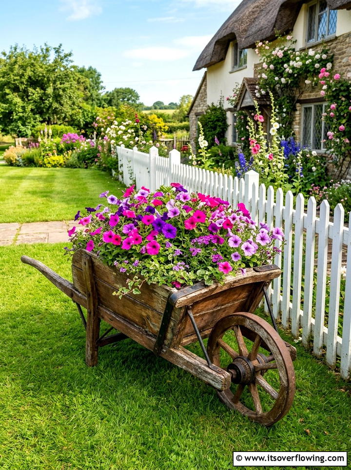 Vintage wooden wheelbarrow flower display - 25 upcycled garden ideas with old wheelbarrows