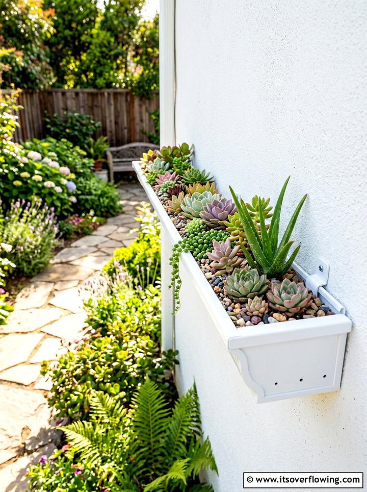 Vinyl Gutter Wall Planter - 25 recycled garden ideas with self watering planters