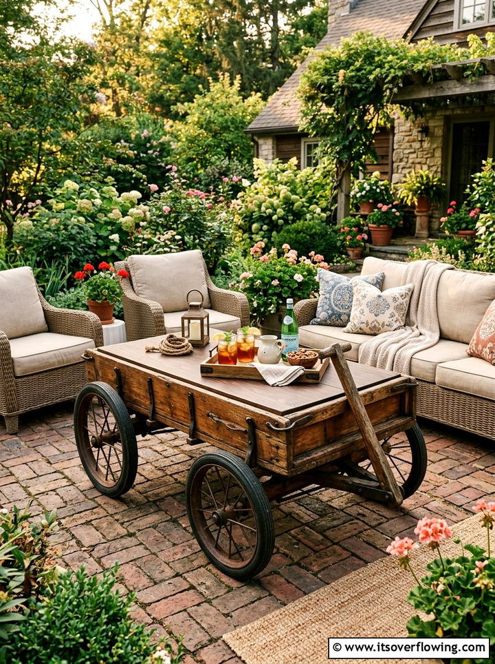 Wagon Coffee Table - 25 upcycled garden ideas with outdoor tables