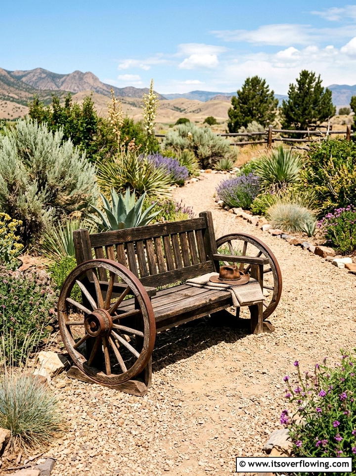 Wagon Wheel Garden Bench - 25 upcycled garden ideas with garden benches