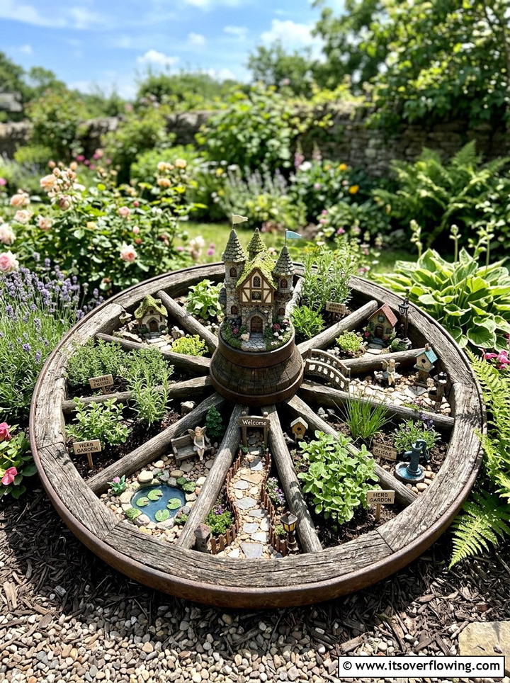 Wagon Wheel - 25 upcycled garden ideas with fairy gardens