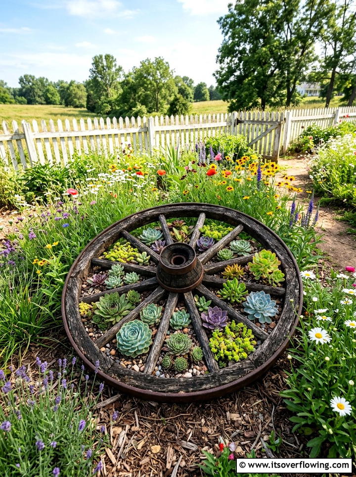 Wagon wheel succulent arrangement - 25 backyard decorating ideas with succulent pots