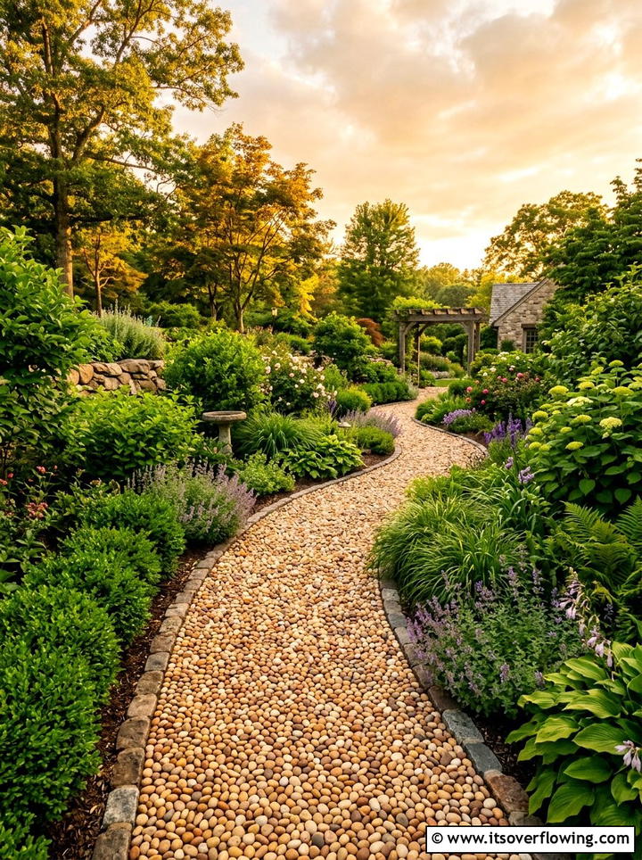 Walkway with mixed pebble colors - 25 garden decor ideas with pebble accents