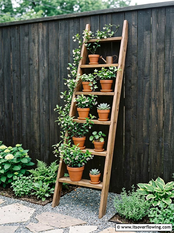 Wall Leaning Plant Ladder - 25 garden decor ideas with ladder plant stands