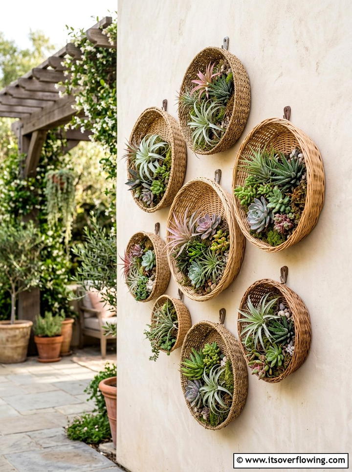Wall Mounted Woven Basket - 25 recycled garden ideas with baskets