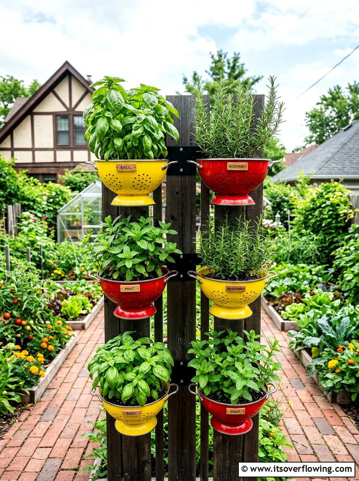 Wall mounted colander herb garden - 25 recycled garden ideas with old colanders