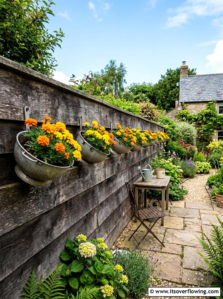 Wall mounted colander - 25 upcycled garden ideas with old colanders