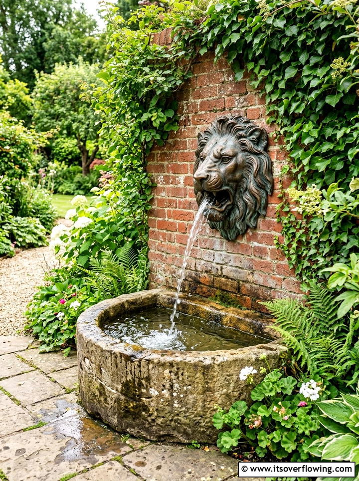Wall mounted lion head spout - 25 garden design ideas with water features