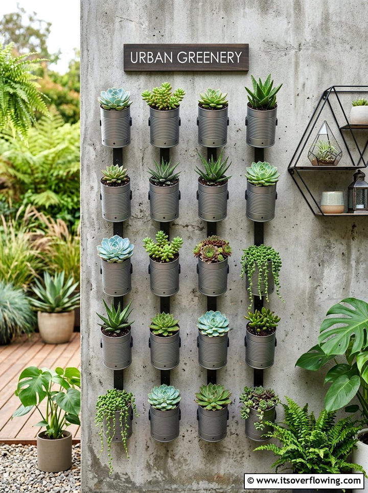 Wall mounted succulent pots cans - 25 recycled garden ideas with aluminum cans