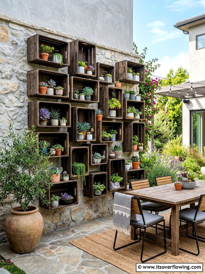 Wall mounted wooden crates - 25 backyard decorating ideas with succulent pots