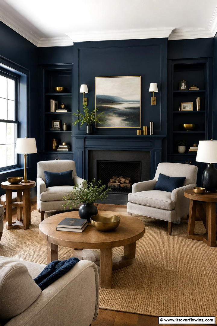 Warm Accents for Navy Blue Spaces - 30 Navy Blue and Grey Living Room Ideas for Sophisticated Style