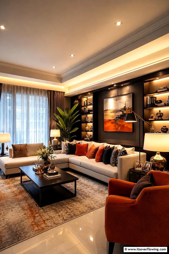 Warm Lighting Layers - 50 Living Room Fall Decor Ideas for Cozy Autumn Updates
