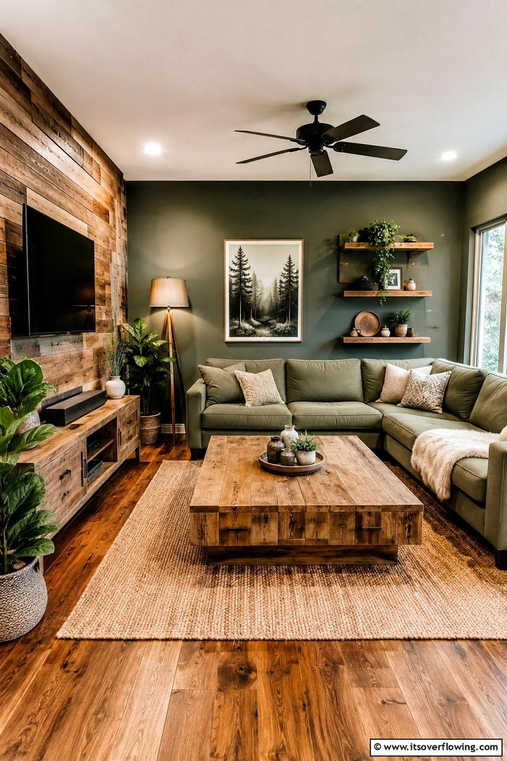 Warm Wood and Green Harmony - 30 Rustic Sage Green Living Room Ideas for Earthy Elegance