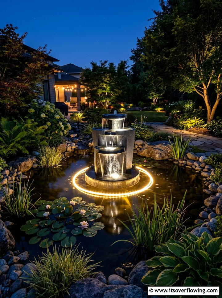 Water Feature Lights - 25 garden decor ideas with holiday lights