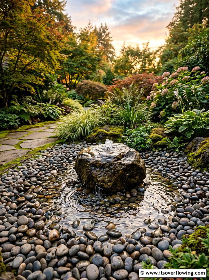 Water Feature Surrounded By Pebbles - 25 cheap garden ideas with gravel