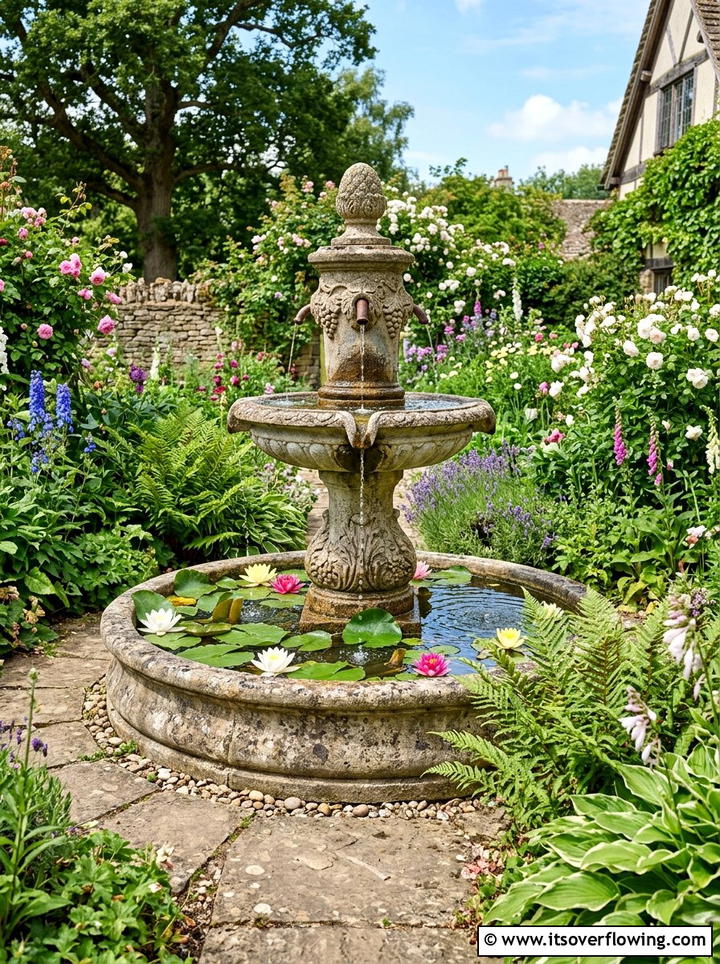 Water Fountain - 25 backyard ideas with cottage garden